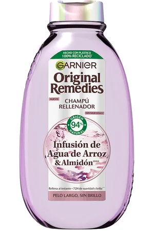 Garnier ORIGINAL REMEDIES champú agua de arroz. Champú brillo - Champú hidratante. Green Beauty: Ingredientes naturales, Vegano. Formulación: Sin Siliconas