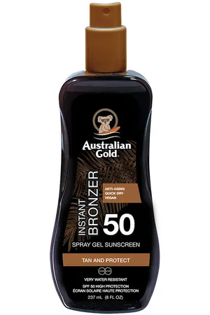 Australian Gold SUNSCREEN SPF50 spray gel with instant bronzer. Protector solar corporal. Tipo de Piel: Todo Tipo de Pieles. Texturas: Gel. Formato: Spray. Protección SPF: Alta SPF 50. Green Beauty: Cruelty Free