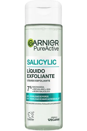 Garnier SKINACTIVE SALICYLIC líquido exfoliante. Exfoliante facial. Tipo de Piel: Sensible, Todo Tipo de Pieles. Texturas: Líquido. Tendencias: Ácido salicílico, Niacinamida. Ingredientes: Niacinamida
