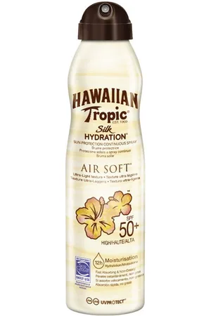 Hawaiian Tropic SILK HYDRATION air soft SPF50 spray. Protector solar corporal. Tipo de Piel: Todo Tipo de Pieles. Formato: Spray. Protección SPF: Alta SPF 50. Green Beauty: Cruelty Free