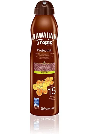 Hawaiian Tropic PROTECTIVE ARGAN OIL SPF15 spray. Protector solar corporal. Texturas: Aceite. Formato: Spray. Tendencias: Argán. Ingredientes: Argán. Otras Características: Waterproof. Protección SPF: Media SPF 15. Green Beauty: Cruelty Free