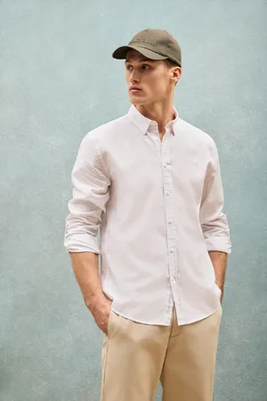 Polo Club® Camisa Blanca De Lino Y Algodón Regular Fit Con Logo Bordado