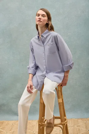 Polo Club® Camisa Azul Claro Samanta De Algodón A Rayas Con Logo Bordado