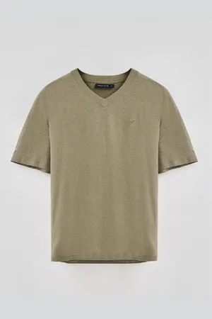 Polo Club® Camiseta Verde En Lino Y Algodón De Cuello En Pico Y Monograma Bordado