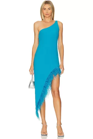 REVOLVE Amanda Uprichard Amanda uprichard vestido a media pierna con un hombro descubierto viera en color azul turqueza talla S en - Turquoise. Talla S (