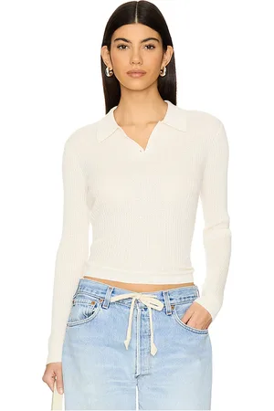 REVOLVE Guest In Residence Guest en residence long sleeve cashmere shrunken polo en color talla L en - Cream. Talla L (también en M, S, XL, XS).