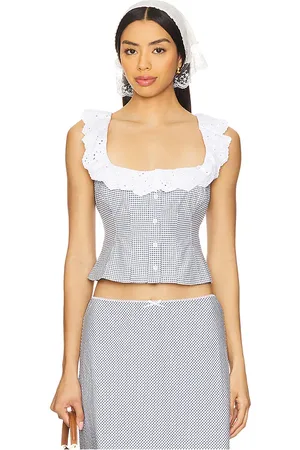 REVOLVE GUIZIO Guizio gingham paloma lace top en color bebe azul talla M en - Baby Blue. Talla M (también en S, XL, XS).
