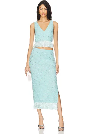 REVOLVE SAYLOR Saylor vestido midi randall en color bebe azul talla M en - Baby Blue. Talla M (también en S, XS).