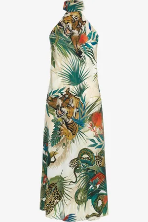Roberto Cavalli Vestido Midi De Seda Con Estampado Jungle Y Cuello Halter