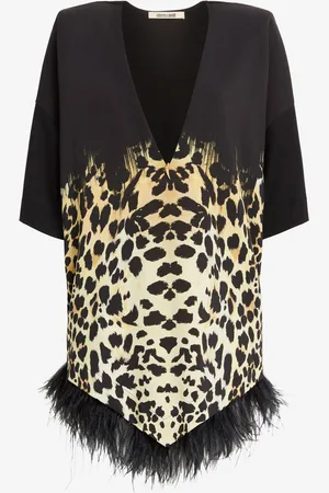 Roberto Cavalli Queen Of Sicily-Print Feather-Trimmed Mini Dress