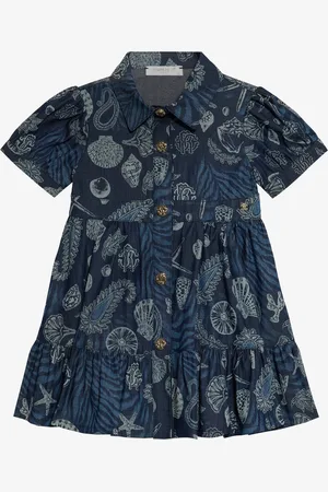 Roberto Cavalli Vestido De Algodón Estampado Marino Y Volante