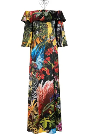 Roberto Cavalli Tropical-Print Ruffled Maxi Dress