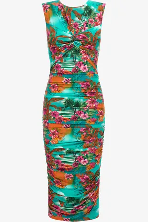 Roberto Cavalli Ruched midi dress with Hawaii print
