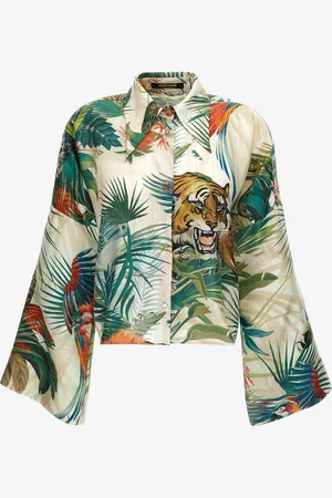 Roberto Cavalli Camisa De Seda Estampado Jungle Mangas Anchas