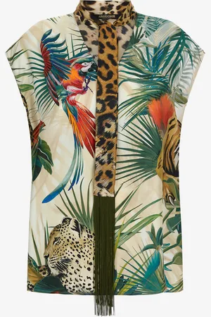 Roberto Cavalli Top De Seda Con Estampado Jungle Y Detalle De Pañuelo