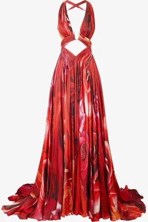 Roberto Cavalli Vestido Largo Estampado De Rosas Y Abertura
