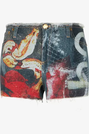 Roberto Cavalli Pantalones Cortos De Denim Con Rosas Y Serpientes