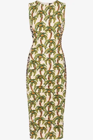 Roberto Cavalli Vestido con filigrana y estampados Leopard y Palm Tree