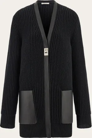 Salvatore Ferragamo Maxi cárdigan con bordes de piel Negro