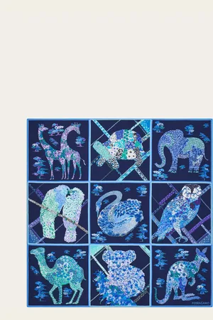 Salvatore Ferragamo Pañuelo de seda estampado Patchwork Azul