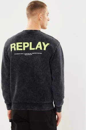Replay Sweat noir delave gros logo jaune fluo dos
