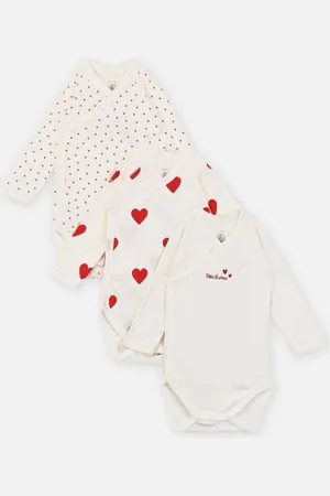 Petit Bateau Lot de 3 Bodies Croisés Manches Longues Coeur Rouge