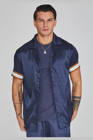SikSilk Camisa resort azul marino para hombre XS