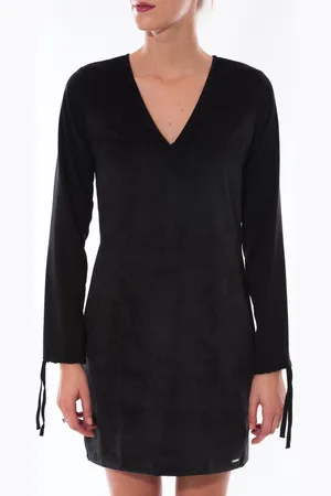 Coquelicot Vestidos Robe Col V Noir 16211 para mujer