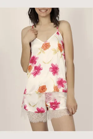 Admas Pijama Pantalones cortos de pijama camiseta tirantes Thai Flowerss para mujer