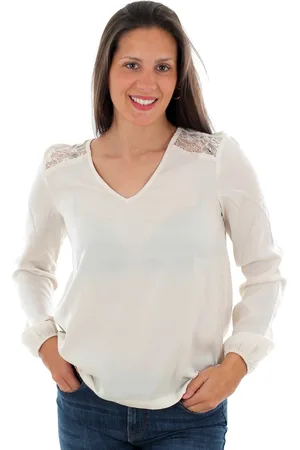 VERO MODA Camiseta manga larga 10220784 VMSANDRA LACE LS V-NECK TOP WVN BF BIRCH para mujer