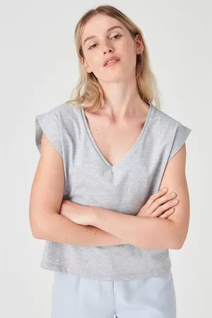 24colours Mujer Tops - Tops y Camisetas Camiseta Mujer Cuello Pico Gris para mujer