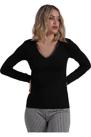 Admas Blusa Camiseta de manga larga Pico Raso para mujer