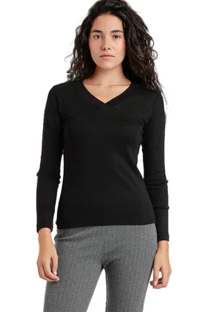Admas Blusa Pico Top de manga larga y cuello en V para mujer