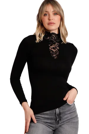Admas Blusa Puntilla Camiseta de manga larga con cuello alto encaje para mujer