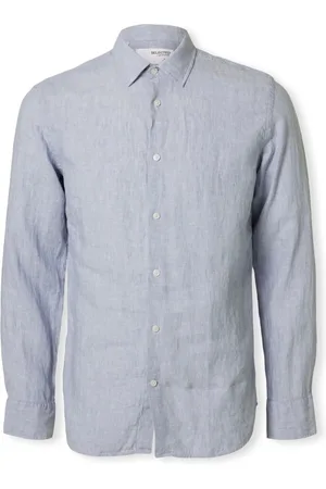 SELECTED Camisa manga larga Regkylian-Linen Shirt - Blue Fog/White para hombre