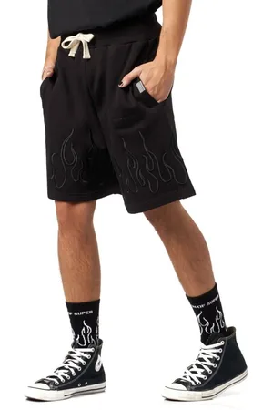 Vision Of Super Pantalones Pantalones cortos negros con bordado de llamas para hombre