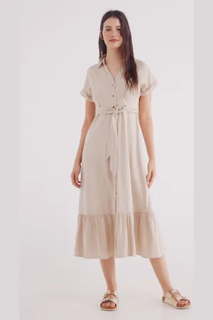 Springfield Vestido midi camisero cinturón lino