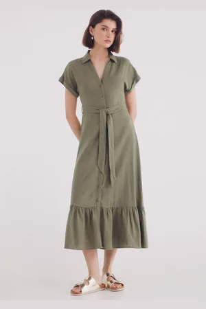 Springfield Vestido midi camisero cinturón lino