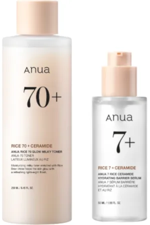 ANUA Rice 70 Glow Milky Toner - 250ml (1ea) + 7 Rice Ceramide Hydrating Barrier Serum - 50ml (1ea) Set