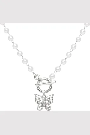 MsBlossom Faux Pearl Butterfly Dangle Choker - 1pieza - Silver