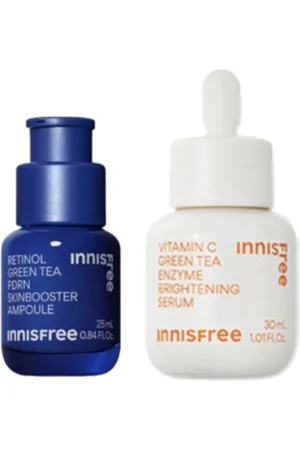Innisfree Vitamin C Green Tea Enzyme Brightening Serum - 30ml (1ea) X Retinol Green Tea PDRN Skin Booster Ampoule - 25ml (1ea)