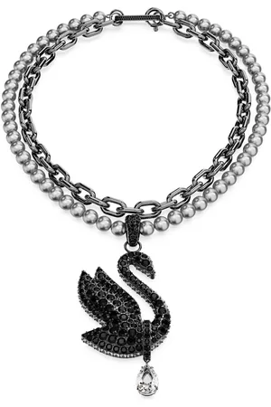 Swarovski Gargantilla y broche Swan, Perla de cristal, Cisne, Negros, Baño de rutenio