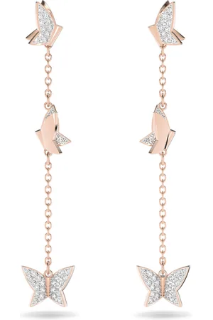 Swarovski Pendientes Idyllia Lilia, Mariposa, Largos, Blancos, Baño tono oro rosa