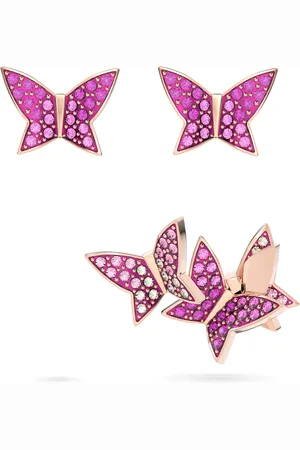 Swarovski Pendientes de botón Idyllia Lilia, Conjunto (3), Mariposa, Rosas, Baño tono oro