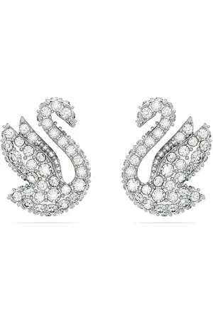 Swarovski Pendientes de botón Iconic Swan, Cisne, Blancos, Baño de rodio