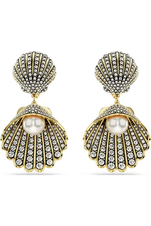 Swarovski Pendientes de clip Idyllia, Perla de cristal, Concha de mar, Blancos, Baño tono oro