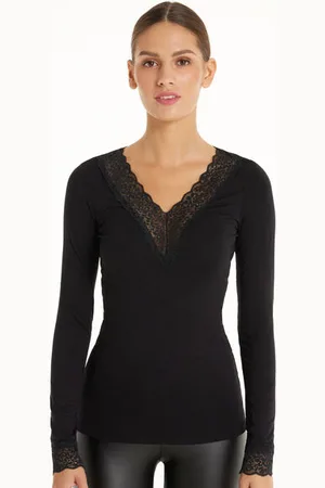 Tezenis Camiseta Manga Larga Escote Pico Viscosa y Encaje Mujer Tamaño S