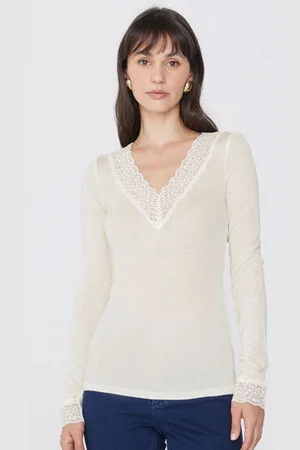 Tezenis Camiseta Manga Larga Escote Pico Encaje/Lana Merina Mujer Tamaño S