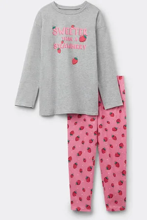 Tezenis Pijama Largo de Algodón con Estampado Fresa Niña Chica Tamaño 8-9