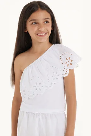 Tezenis Top de Hombro Descubierto de Algodón con Volante Sangallo Chica Tamaño 2-3